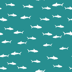 Random seamless pattern with white sharks