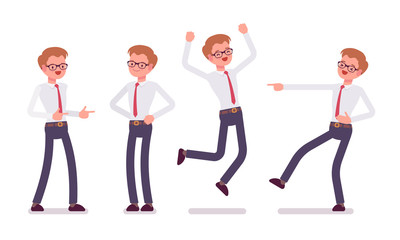 Set of young male clerk showing positive emotions, front view