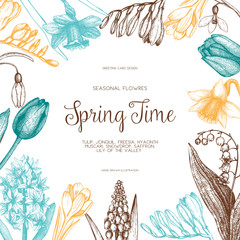 Vector card or invitation design with  hand drawn spring flowers illustrations. Vintage template on white background. Botanical sketch
