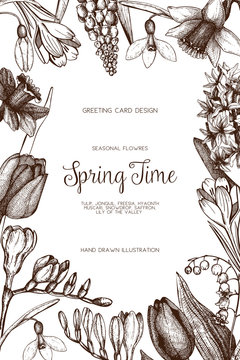 Vector card or invitation design with  hand drawn spring flowers illustrations. Vintage template on white background. Botanical sketch