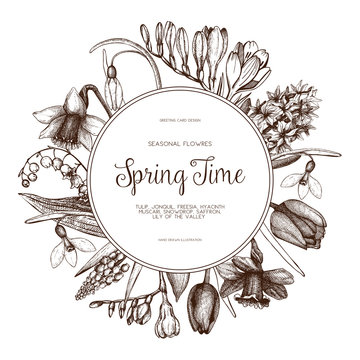 Vector card or invitation design with  hand drawn spring flowers illustrations. Vintage template on white background. Botanical sketch