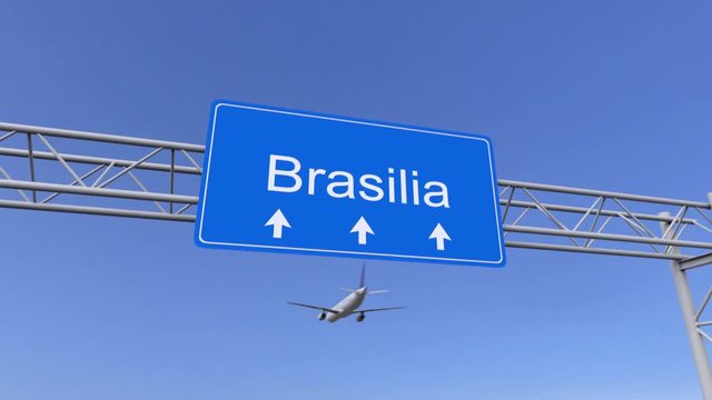 Commercial airplane arriving to Brasilia airport. Travelling to Brazil conceptual 4K animation