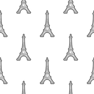 Seamless pattern black on a white background with the image of the symbol of France and Paris the Eiffel tower, in a linear fashion