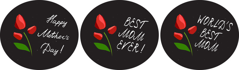  Happy mother's day cards set with flowers and handlettering elements  on chalkboard background. tulip. vector illustration. 