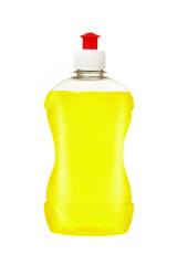 Dishwashing liquid detergent in plastic bottle. Yellow color dishwashing liquid
