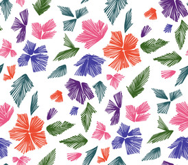 Floral seamless background pattern with fantasy flowers and leaves  Line art. Embroidery flowers. Vector illustration