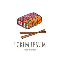 Hand drawn cartoon style doodle Sushi rolls icon. Colorful Japanese traditional cuisine dishes nigiri, temaki Vector illustration doodle isolated on white background for asian restaurant menu.