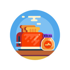 Retro toaster and jar of penaut butter. Traditional american breakfast. Vector icon. Cool flat style cartoon illustration.