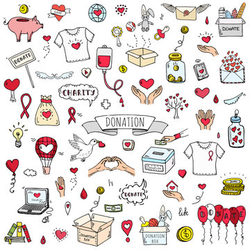 Hand drawn doodle Donation icons set. Vector illustration. Charity symbols collection Cartoon donate sketch elements: blood donation, box, heart, money jar, care, help, gift, giving hand, fund raising