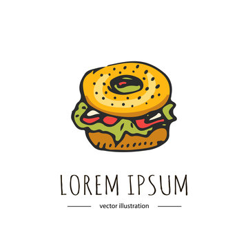 Hand drawn cartoon style doodle Bagel icon.Vector illustration Fast food symbol Cartoon sketch logo element on white background with salad leaves, tomatoes for restaurant, t-shirt, design projects.