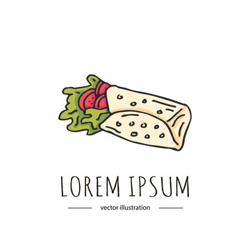 Hand drawn cartoon style doodle Burrito icon. Vector illustration Mexican fast food symbols collection Cartoon sketch elements on white background with corn wrap, salad leaves, tomatoes for restaurant