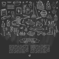 Hand drawn doodle set of Gardening icons. Vector illustration set. Cartoon Garden symbols. Sketchy elements collection: lawnmower, trimmer, spade, fork, rake, hoe, trug, wheelbarrow, hose reel.