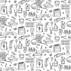 Seamless pattern with Hand drawn doodle set of Gardening icons. Vector illustration set. Cartoon Garden symbols. Sketchy elements collection: lawnmower, trimmer, spade, fork, rake Hoe Trug Wheelbarrow