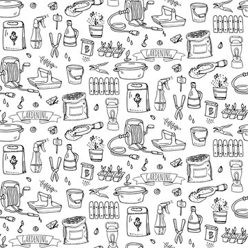 Seamless pattern with Hand drawn doodle set of Gardening icons. Vector illustration set. Cartoon Garden symbols. Sketchy elements collection: lawnmower, trimmer, spade, fork, rake Hoe Trug Wheelbarrow