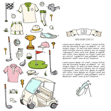 Hand drawn doodle Golf icons set. Vector illustration. Game collection. Cartoon golfing various sketch elements: clubs, tee, bag, cart, sport cloth, shoes, polo shirt, umbrella, flag, hole, grass.