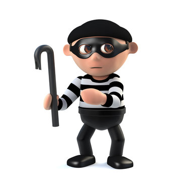 3d Funny cartoon burglar character with a crowbar