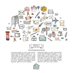 Hand drawn doodle Postal elements icon set. Vector illustration. Isolated post symbols collection. Cartoon various mail element: letter, envelope, stamp, post box, package, delivery truck, pigeon.