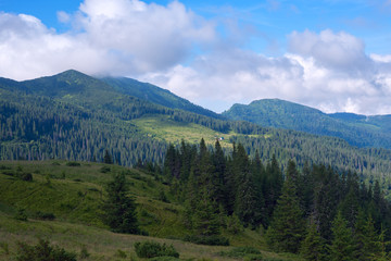 Clouds floating over green hills