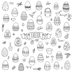 Hand drawn doodle Easter icons set Vector illustration spring bunny symbols collection Cartoon decoration elements: egg, rabbit, basket, bird, carrot, butterfly, bunny footprint, hunting eggs, hearts