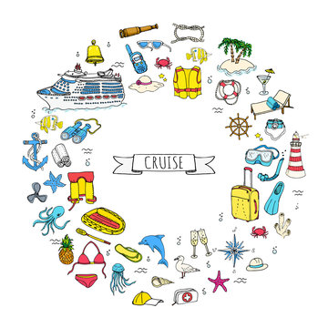 Hand drawn doodle Cruise vacation icons set Vector illustration summer adventure emblem collection Cartoon cruise liner concept elements Sea symbols Marine concept with Cruise Ship Summertime Elements