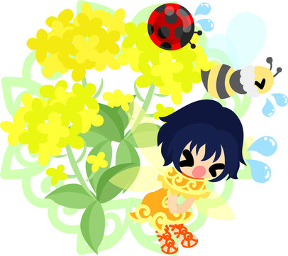 Pretty fairy and beautiful brassica and bee and ladybug