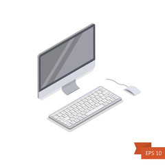 Computer isometric icon. Vector. Isometric white PC monitor with keyboard button and mouse. Isolated on white. Easy to edit illustration. Flat simple style.