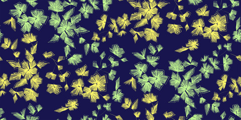 Floral seamless background pattern with fantasy flowers and leaves  Line art. Embroidery flowers. Vector illustration