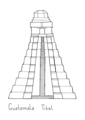 Hand drawn architecture sketch illustration of Guatemala Tikal Mayan pyramid with lettering isolated on white