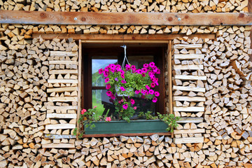 Fototapeta na wymiar Travel to Sankt-Wolfgang, Austria. The window with the flowers at the wooden house.