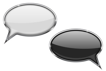 Round speech bubbles. Black and white communication signs with chrome frame