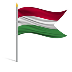 The national flag of Hungary on a pole. The wavy fabric. The sign and symbol of the country. Realistic vector.