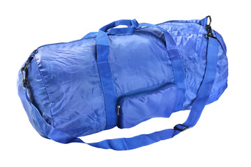 Blue road sports bag. Studio photography handbag isolated on white background. Close up.