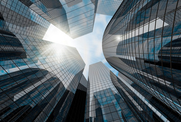 High glass skyscrapers with the sun shining background.