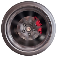 Car wheel with red caliper break spinning