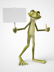 3D rendering of cartoon frog holding blank sign.