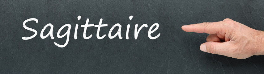 Obraz premium Sagittaire à la craie et montrer du doigt sur ardoise. Signes du zodiaque