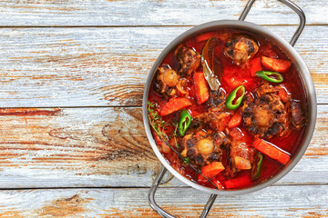 beef tail stew with vegetables, thyme, red wine