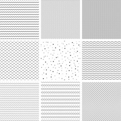 Set of geometric line monochrome abstract seamless pattern with wave, strip and dot
