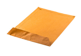 Open used yellow envelope isolated on white background