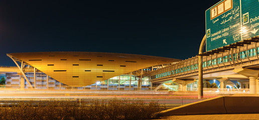 Metro subway station at night in Dubai United Arab Emirates