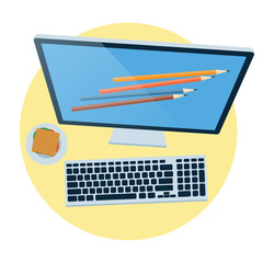 Flat design modern vector icon concept of creative office workspace, workplace. Top view of desk background with laptop, digital devices, office objects, books and documents with long shadows.