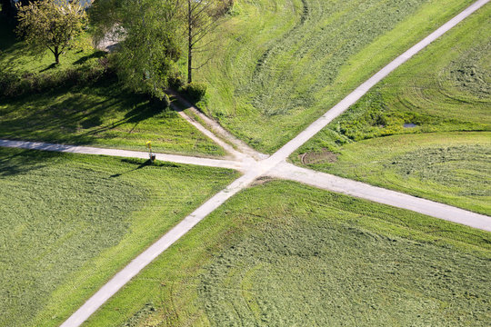 Aerial Panoramic View From The Top Of Hohensalzburg Fortress (Castle) On Cultivated Land Divided By The Crossing Ways (roads). Salzburg, Austria