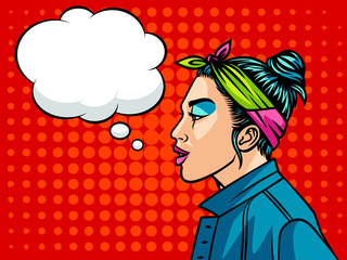 Teenage girl in 90s style. Young girl with speech bubble. Face of girl from 90s over halftone background