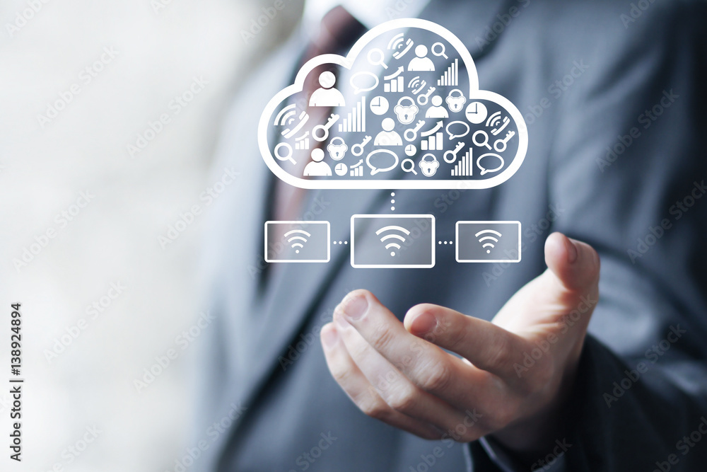 Aufkleber businessman pressing button cloud computing network