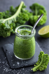 delocious  kale pesto sauce and fresh raw leaves