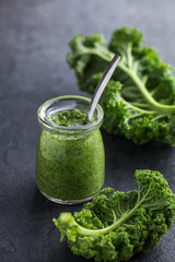 delocious  kale pesto sauce and fresh raw leaves