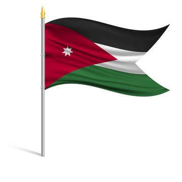 The national flag of Jordan on a pole. The wavy fabric. The sign and symbol of the country. Realistic vector.