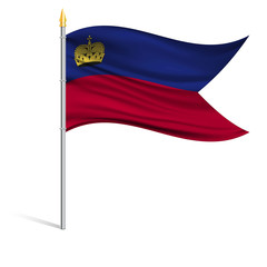 The national flag of Liechtenstein on a pole. The wavy fabric. The sign and symbol of the country. Realistic vector.
