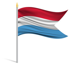 The national flag of Luxembourg on a pole. The wavy fabric. The sign and symbol of the country. Realistic vector.