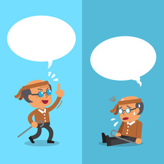 Cartoon senior man expressing different emotions with white speech bubbles